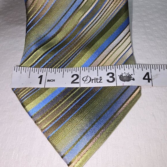 VAN HEUSEN SILK TIE STAIN RESISTANT DIAGONAL STRIPES IN GREEN BLUE TAN EUC - Picture 2 of 7